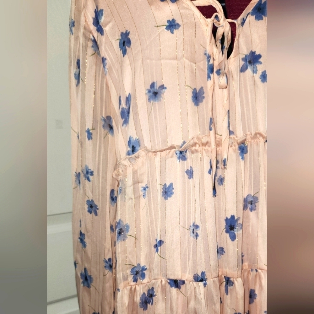 Altar'd State Small Light Pink Blue Floral Mini Dress with Gold Detail - Picture 5 of 12
